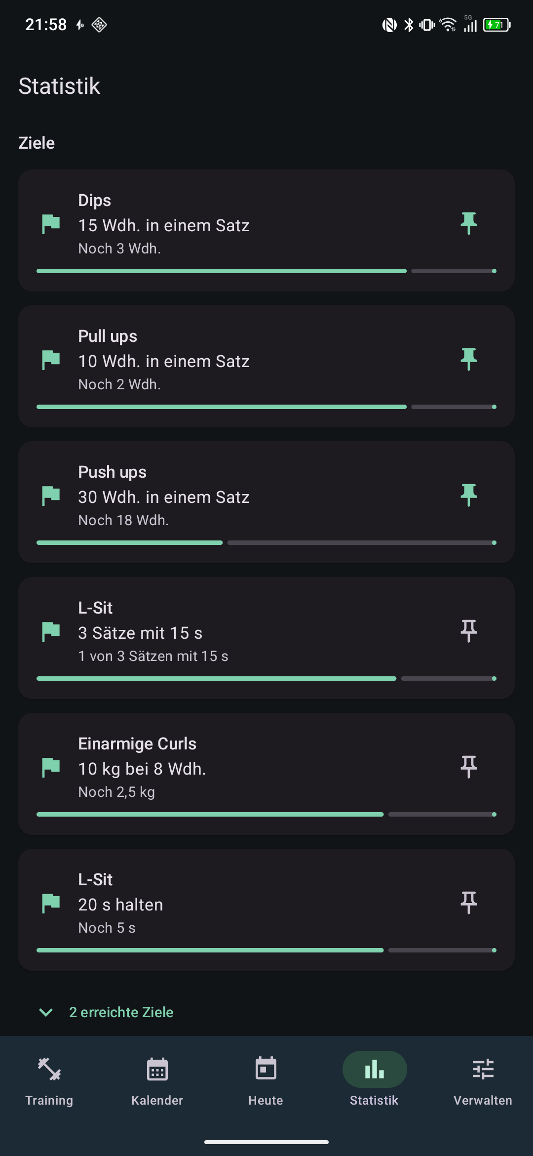 Ziele je Übung mit Fortschritt